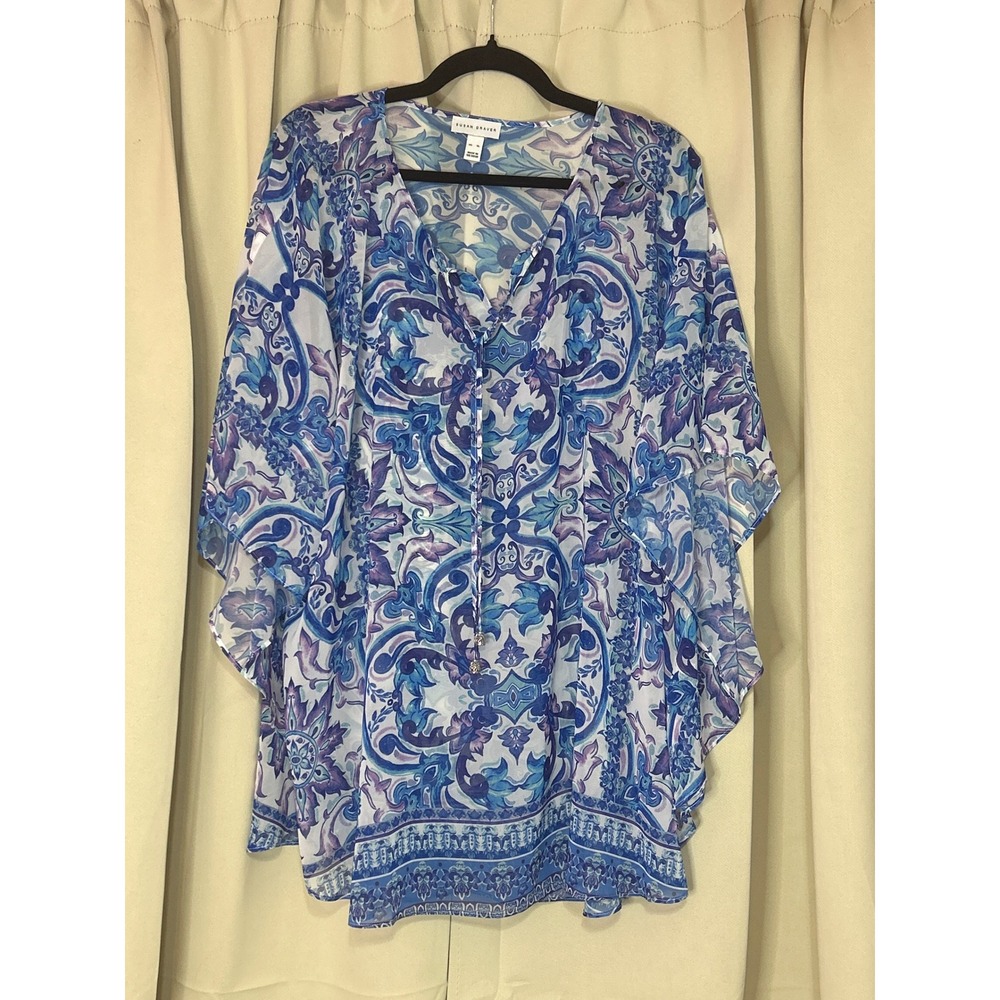 Susan Graver Poncho Top XL Blue Purple Paisley Medallion Sheer Chiffon A352223